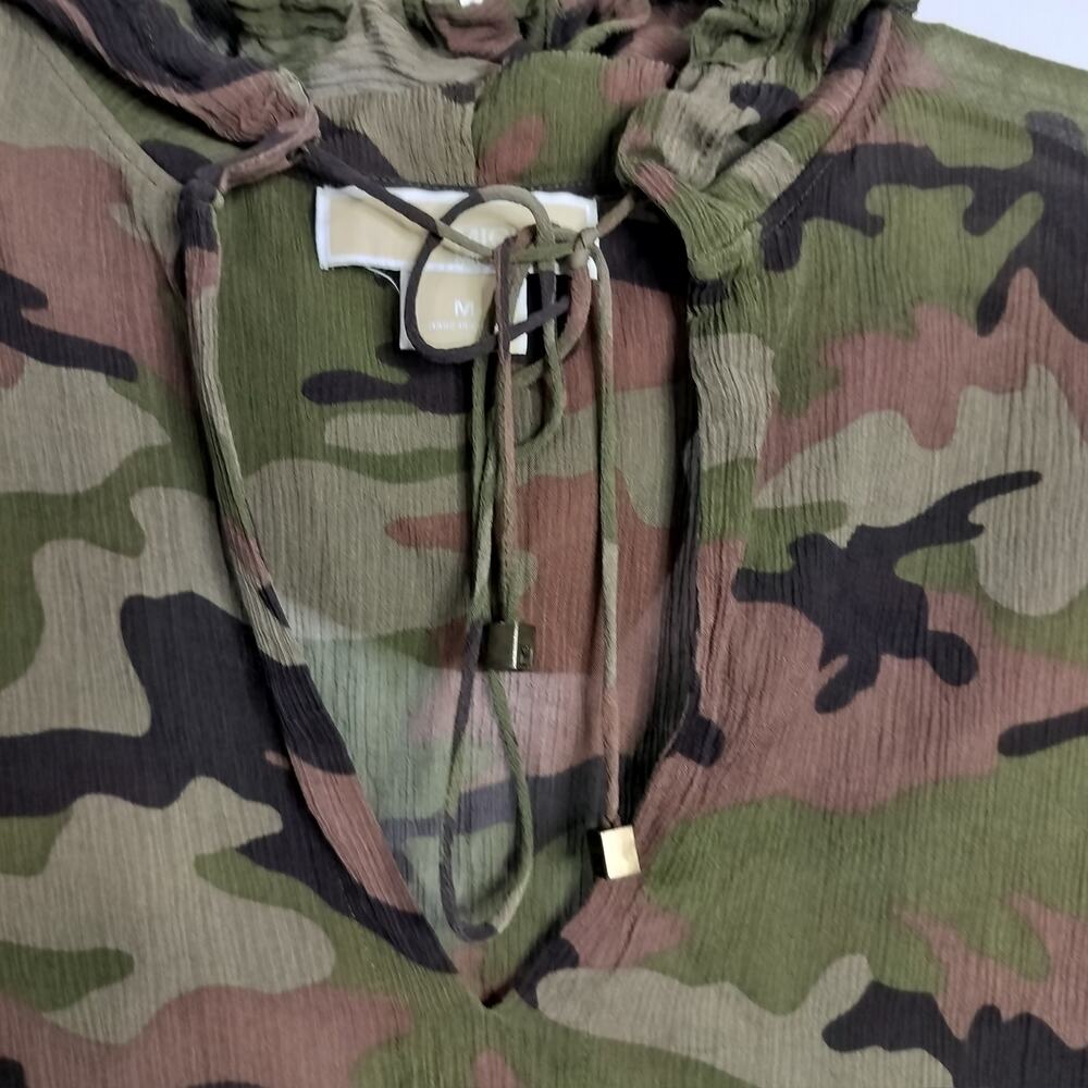 4994)Michael Kors Camouflage Silk Georgette semi Sheer Pullover Hooded Blouse M - Picture 3 of 11